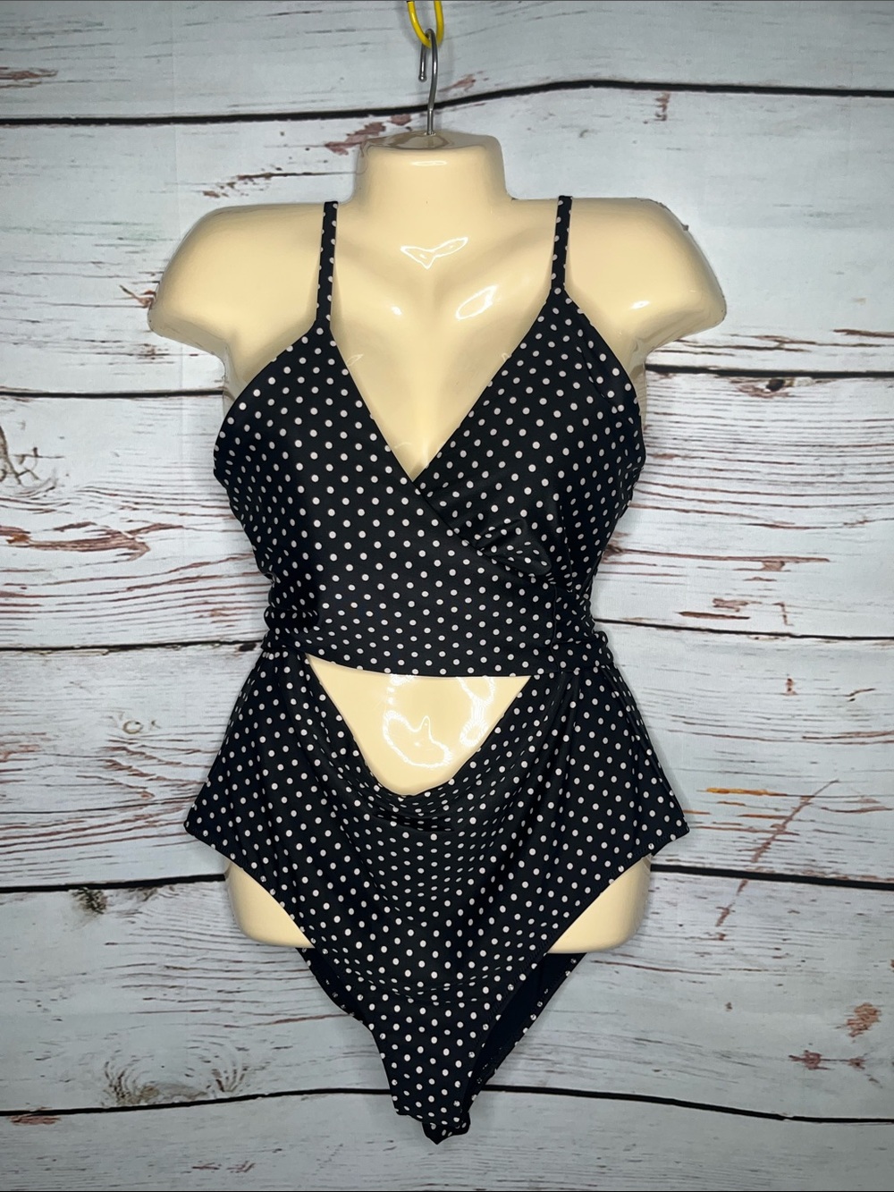 Aerie Size XL Long Black & White Polka Dot Wrap One Piece Bathing Suit Swimsuit